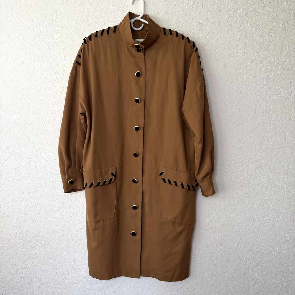 Vintage Wool Coat Dress Funnel Neck Brown Size 14 Sandra Ow-Wing NR1 80s